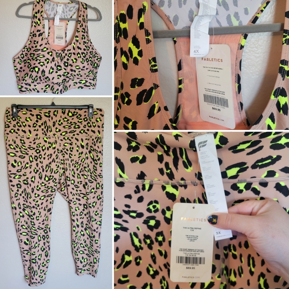 Fabletics outfit, beige black and lime green leopard print, size 3X